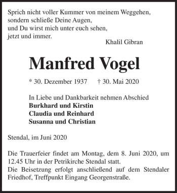 Traueranzeige von Manfred Vogel  von Magdeburger Volksstimme