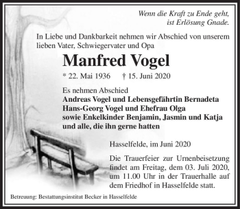 Traueranzeige von Manfred Vogel  von Magdeburger Volksstimme