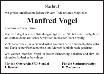 Traueranzeige von Manfred Vogel  von Magdeburger Volksstimme