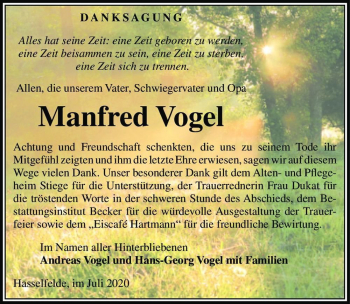 Traueranzeige von Manfred Vogel  von Magdeburger Volksstimme
