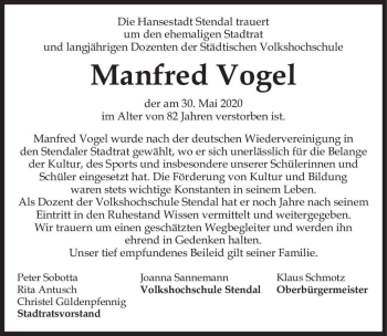 Traueranzeige von Manfred Vogel  von Magdeburger Volksstimme