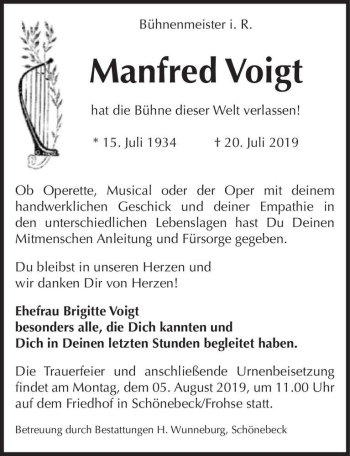 Traueranzeige von Manfred Voigt  von Magdeburger Volksstimme