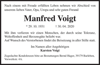 Traueranzeige von Manfred Voigt  von Magdeburger Volksstimme