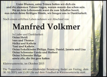 Traueranzeige von Manfred Volkmer  von Magdeburger Volksstimme