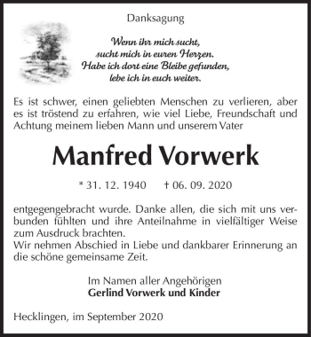 Traueranzeige von Manfred Vorwerk  von Magdeburger Volksstimme