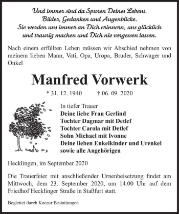Traueranzeige von Manfred Vorwerk  von Magdeburger Volksstimme