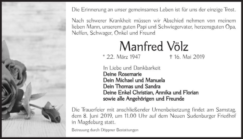 Traueranzeige für Manfred Völz  vom 25.05.2019 aus Magdeburger Volksstimme