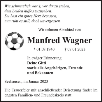 Traueranzeige von Manfred Wagner  von Magdeburger Volksstimme