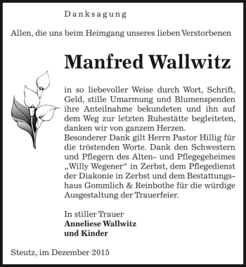 Traueranzeige von Manfred Wallwitz  von Magdeburger Volksstimme