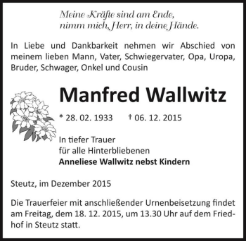 Traueranzeige von Manfred Wallwitz  von Magdeburger Volksstimme