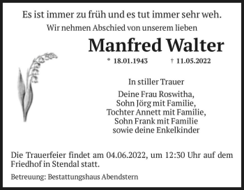Traueranzeige von Manfred Walter  von Magdeburger Volksstimme