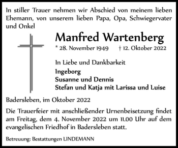 Traueranzeige von Manfred Wartenberg  von Magdeburger Volksstimme