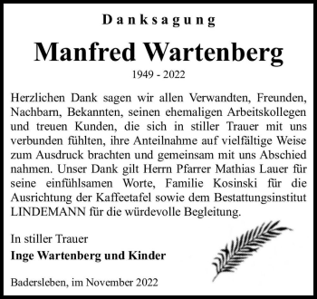 Traueranzeige von Manfred Wartenberg  von Magdeburger Volksstimme