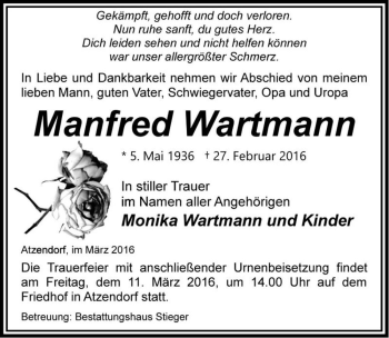 Traueranzeige von Manfred Wartmann  von Magdeburger Volksstimme