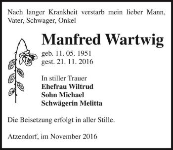 Traueranzeige von Manfred Wartwig  von Magdeburger Volksstimme