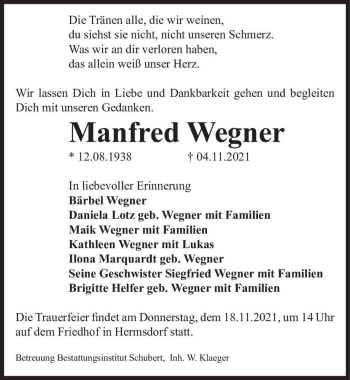 Traueranzeige von Manfred Wegner  von Magdeburger Volksstimme