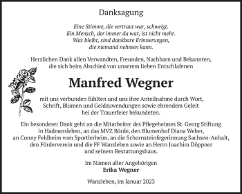 Traueranzeige von Manfred Wegner  von Magdeburger Volksstimme