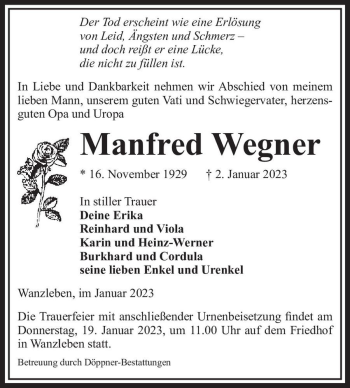 Traueranzeige von Manfred Wegner  von Magdeburger Volksstimme