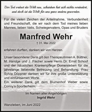 Traueranzeige von Manfred Wehr  von Magdeburger Volksstimme