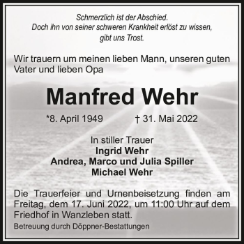 Traueranzeige von Manfred Wehr  von Magdeburger Volksstimme