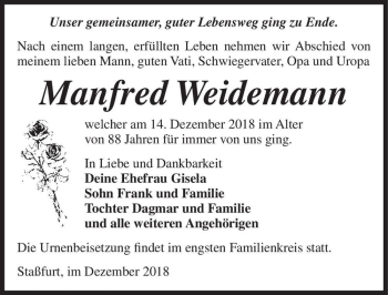 Traueranzeige von Manfred Weidemann  von Magdeburger Volksstimme
