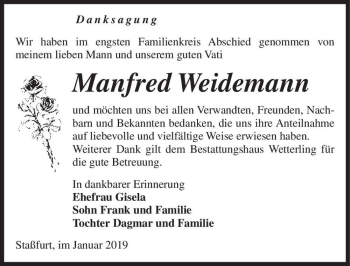 Traueranzeige von Manfred Weidemann  von Magdeburger Volksstimme