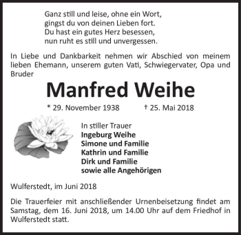 Traueranzeige von Manfred Weihe  von Magdeburger Volksstimme