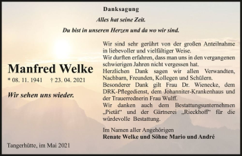 Traueranzeige von Manfred Welke  von Magdeburger Volksstimme