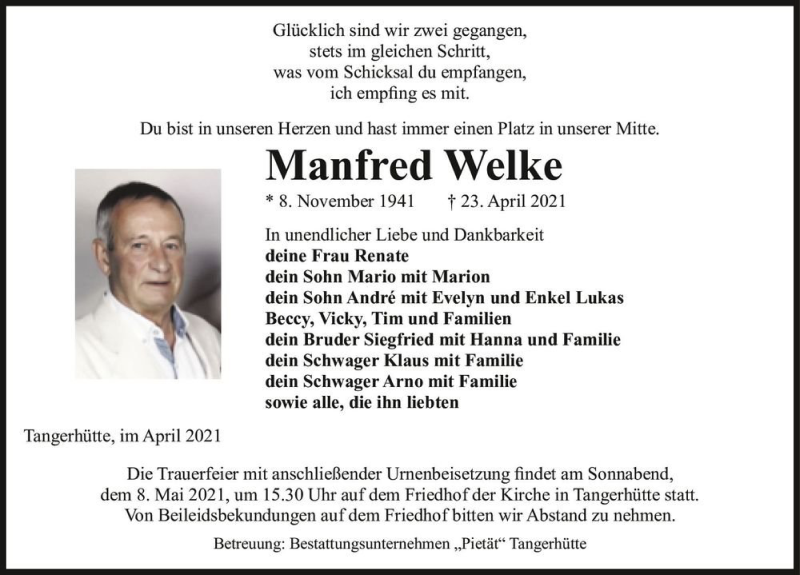  Traueranzeige für Manfred Welke  vom 30.04.2021 aus Magdeburger Volksstimme