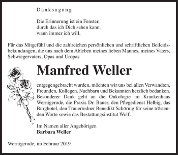 Traueranzeige von Manfred Weller  von Magdeburger Volksstimme
