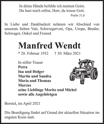 Traueranzeige von Manfred Wendt  von Magdeburger Volksstimme