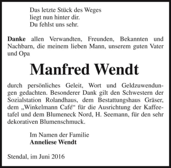 Traueranzeige von Manfred Wendt  von Magdeburger Volksstimme