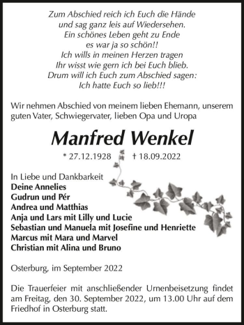 Traueranzeige von Manfred Wenkel  von Magdeburger Volksstimme