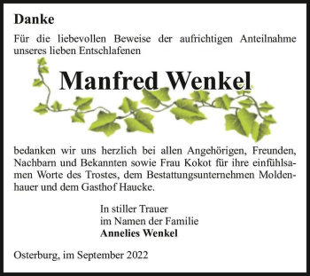 Traueranzeige von Manfred Wenkel  von Magdeburger Volksstimme