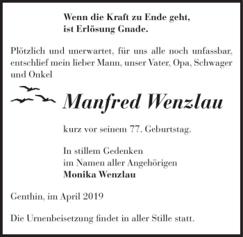 Traueranzeige von Manfred Wenzlau  von Magdeburger Volksstimme