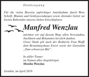 Traueranzeige von Manfred Wenzlau  von Magdeburger Volksstimme
