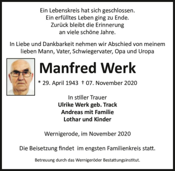 Traueranzeige von Manfred Werk  von Magdeburger Volksstimme