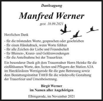 Traueranzeige von Manfred Werner  von Magdeburger Volksstimme