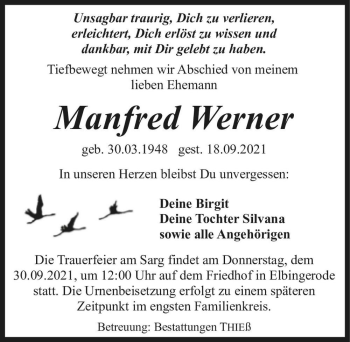Traueranzeige von Manfred Werner  von Magdeburger Volksstimme