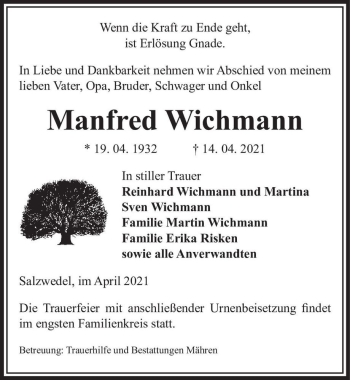 Traueranzeige von Manfred Wichmann  von Magdeburger Volksstimme