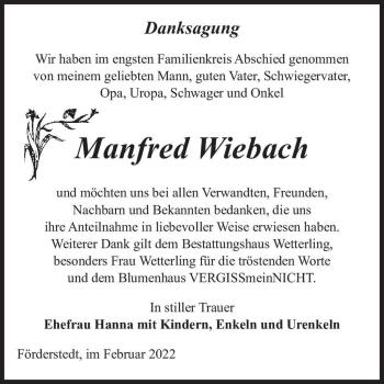Traueranzeige von Manfred Wiebach  von Magdeburger Volksstimme