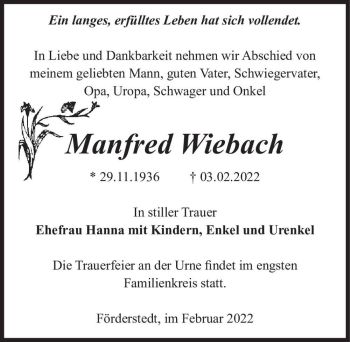 Traueranzeige von Manfred Wiebach  von Magdeburger Volksstimme