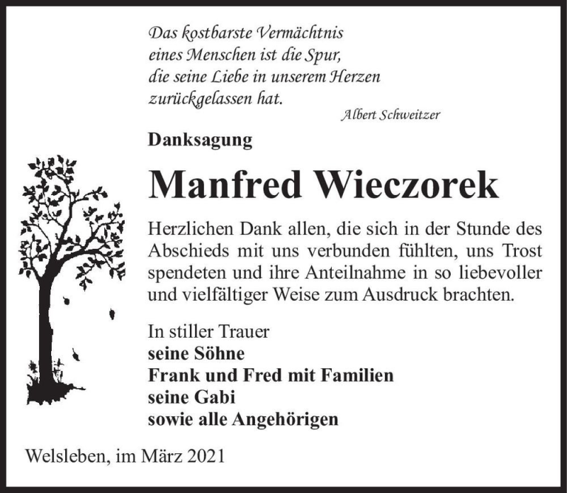  Traueranzeige für Manfred Wieczorek  vom 06.03.2021 aus Magdeburger Volksstimme