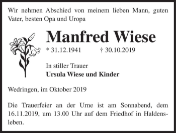 Traueranzeige von Manfred Wiese  von Magdeburger Volksstimme