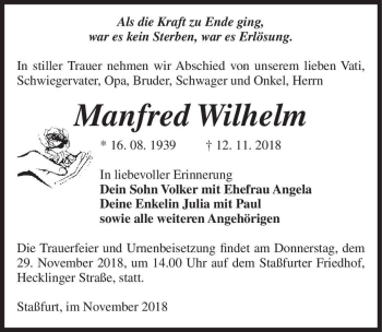 Traueranzeige von Manfred Wilhelm  von Magdeburger Volksstimme