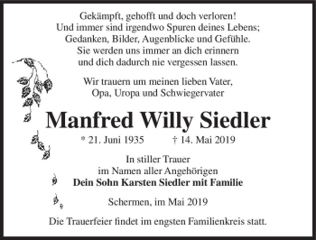 Traueranzeige von Manfred Willy Siedler  von Magdeburger Volksstimme