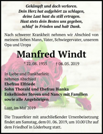Traueranzeige von Manfred Windt  von Magdeburger Volksstimme