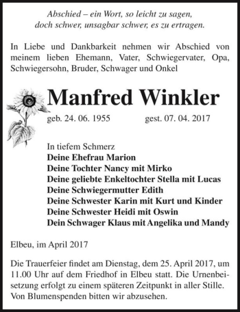 Traueranzeige von Manfred Winkler  von Magdeburger Volksstimme