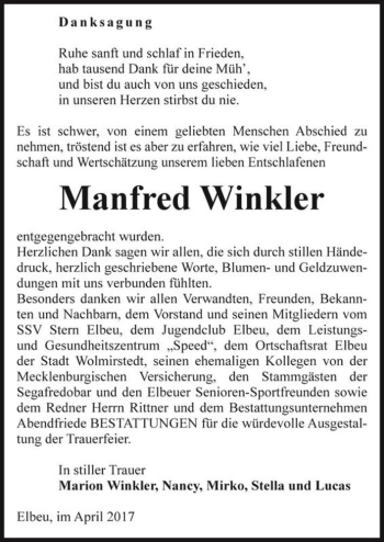 Traueranzeige von Manfred Winkler  von Magdeburger Volksstimme
