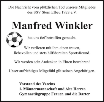 Traueranzeige von Manfred Winkler  von Magdeburger Volksstimme